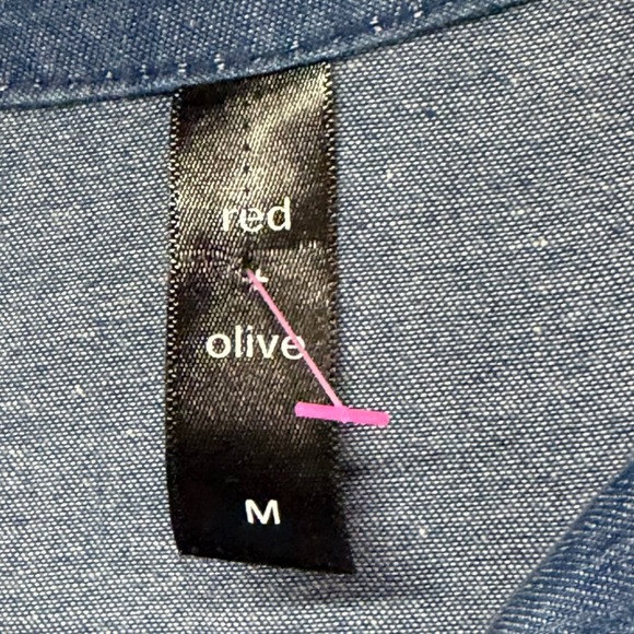 Red + Olive Denim Shirt Dress Women M Blue Belted Embroidered Hi Lo Boho Western - Picture 11 of 14